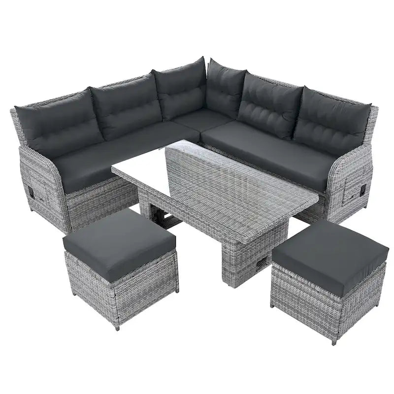 Outdoor Patio Rattan Sectional Sofa Set with Adjustable Height Table and 2 Reclining Seat, Extendable Side Tables