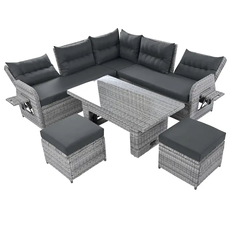 Outdoor Patio Rattan Sectional Sofa Set with Adjustable Height Table and 2 Reclining Seat, Extendable Side Tables