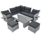 Outdoor Patio Rattan Sectional Sofa Set with Adjustable Height Table and 2 Reclining Seat, Extendable Side Tables