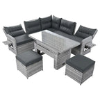 Outdoor Patio Rattan Sectional Sofa Set with Adjustable Height Table and 2 Reclining Seat, Extendable Side Tables