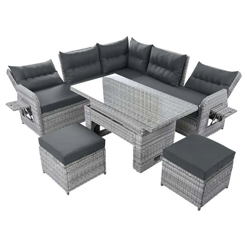 Outdoor Patio Rattan Sectional Sofa Set with Adjustable Height Table and 2 Reclining Seat, Extendable Side Tables