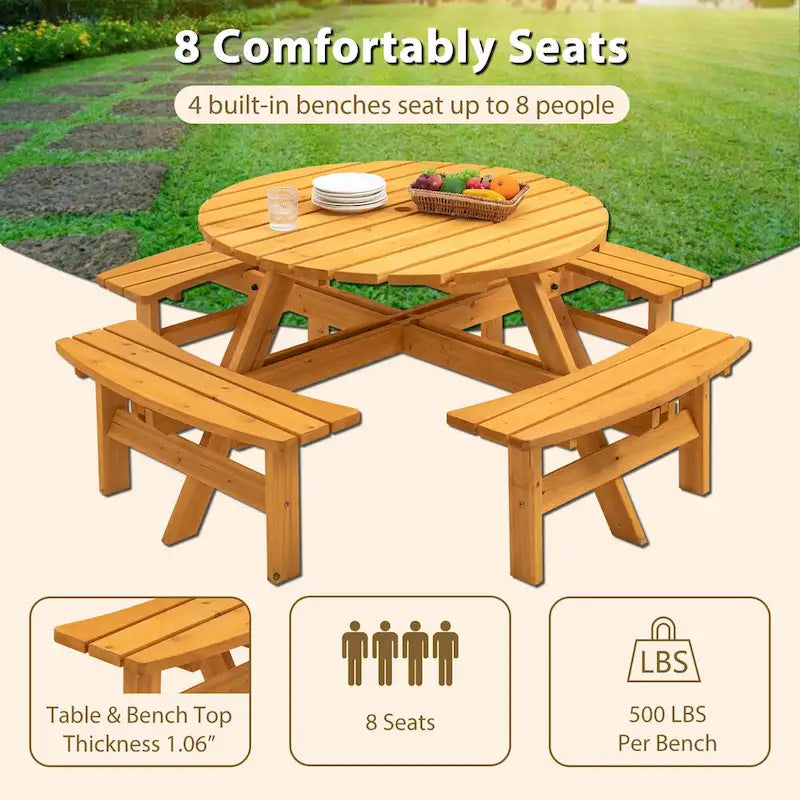 8 Person Dining Table with 4 Built-in Benches Outdoor Camping Round Dining Table Poolside Picnic Beer Table with Seat