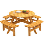 8 Person Dining Table with 4 Built-in Benches Outdoor Camping Round Dining Table Poolside Picnic Beer Table with Seat