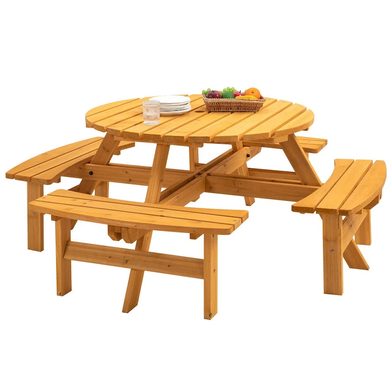 8 Person Dining Table with 4 Built-in Benches Outdoor Camping Round Dining Table Poolside Picnic Beer Table with Seat