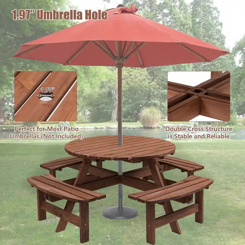 8 Person Dining Table with 4 Built-in Benches Outdoor Camping Round Dining Table Poolside Picnic Beer Table with Seat
