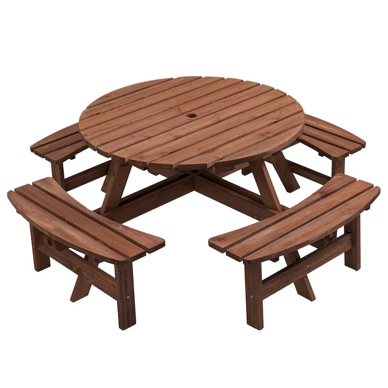 8 Person Dining Table with 4 Built-in Benches Outdoor Camping Round Dining Table Poolside Picnic Beer Table with Seat
