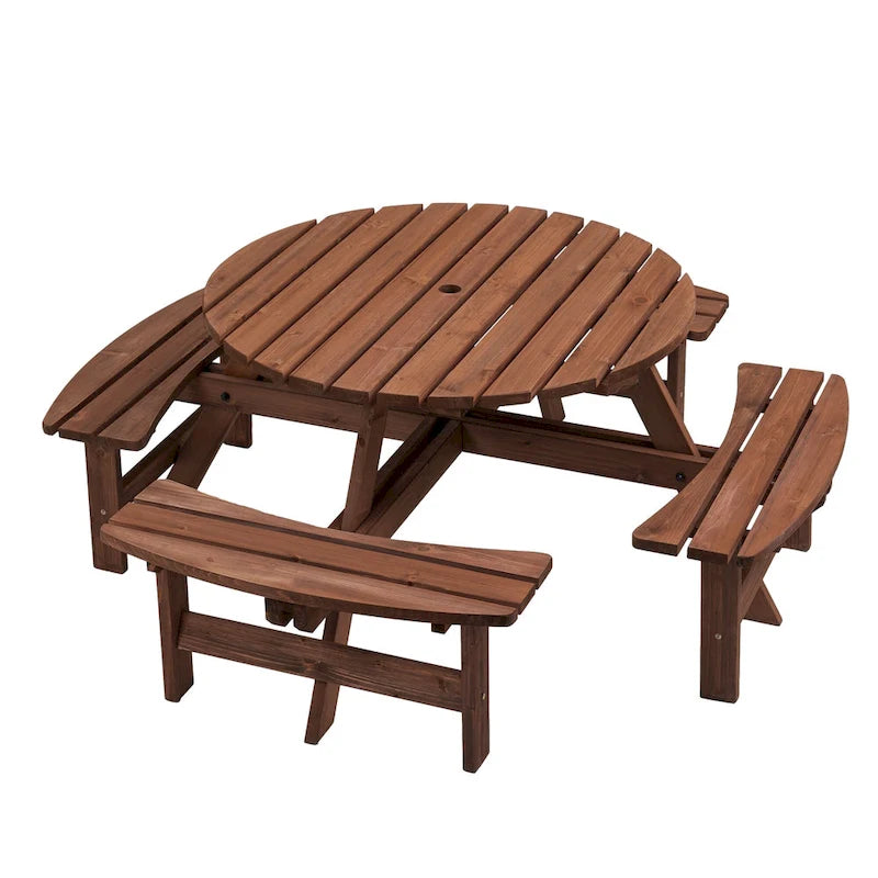 8 Person Dining Table with 4 Built-in Benches Outdoor Camping Round Dining Table Poolside Picnic Beer Table with Seat