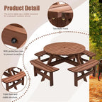 8 Person Dining Table with 4 Built-in Benches Outdoor Camping Round Dining Table Poolside Picnic Beer Table with Seat