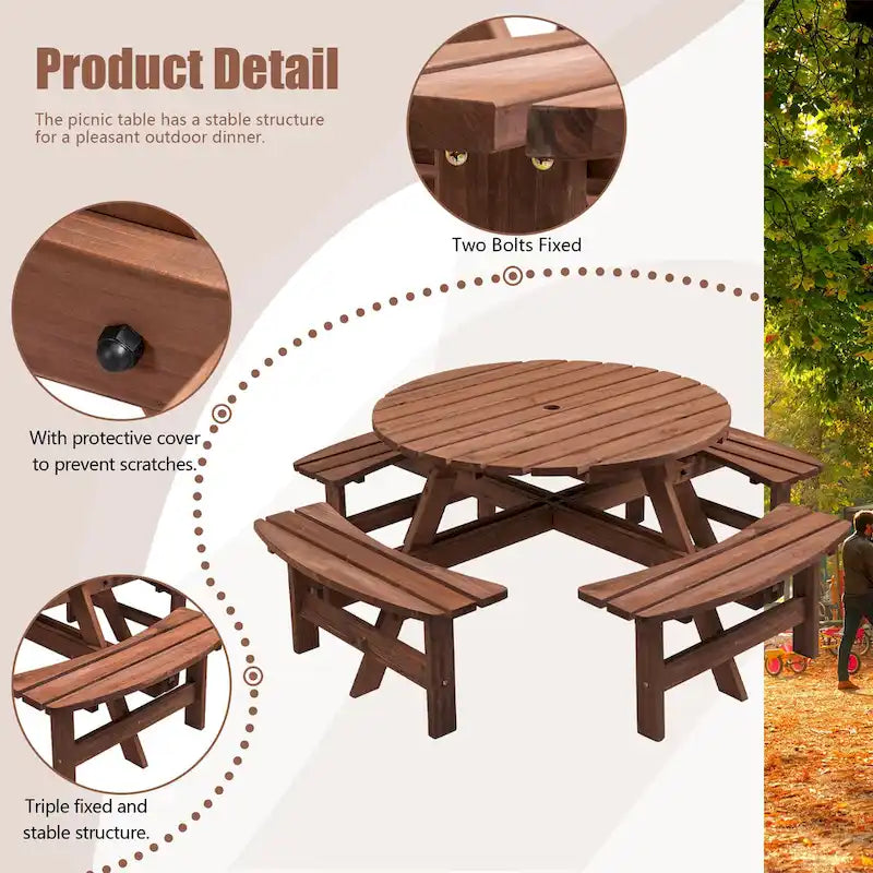 8 Person Dining Table with 4 Built-in Benches Outdoor Camping Round Dining Table Poolside Picnic Beer Table with Seat