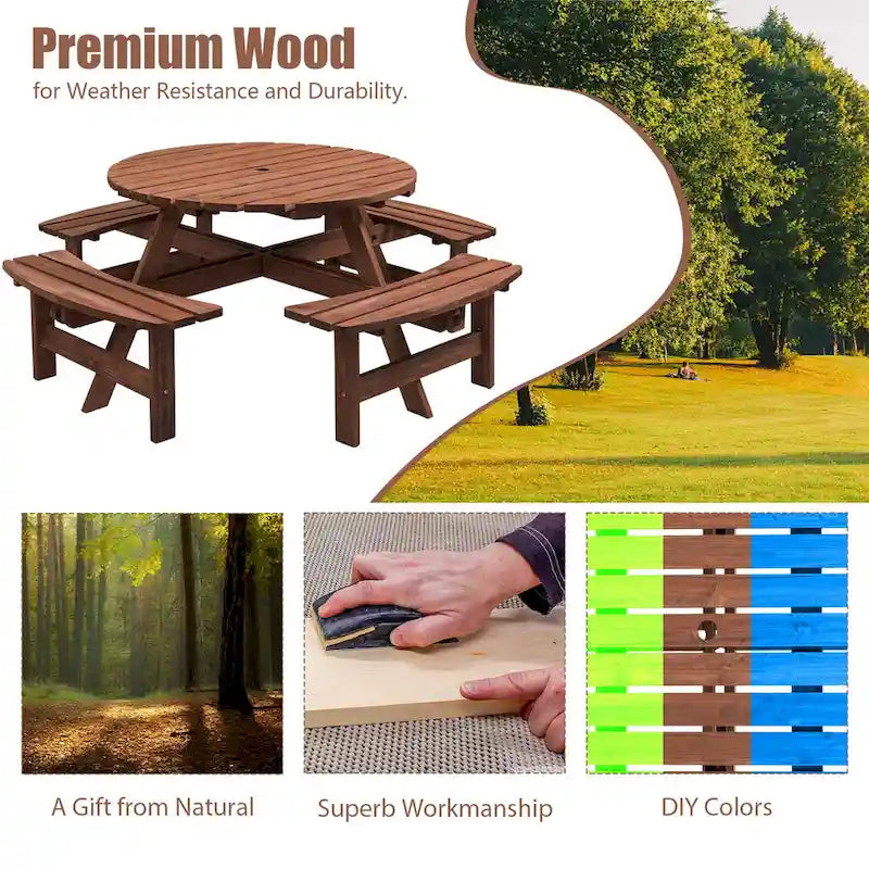 8 Person Dining Table with 4 Built-in Benches Outdoor Camping Round Dining Table Poolside Picnic Beer Table with Seat