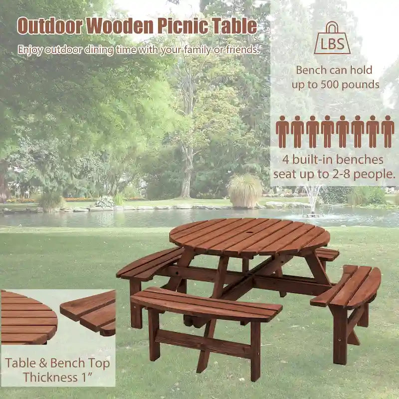 8 Person Dining Table with 4 Built-in Benches Outdoor Camping Round Dining Table Poolside Picnic Beer Table with Seat