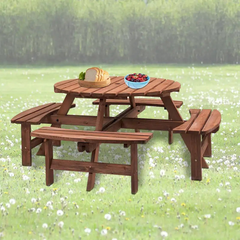 8 Person Dining Table with 4 Built-in Benches Outdoor Camping Round Dining Table Poolside Picnic Beer Table with Seat
