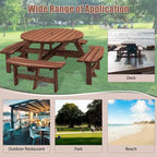 8 Person Dining Table with 4 Built-in Benches Outdoor Camping Round Dining Table Poolside Picnic Beer Table with Seat