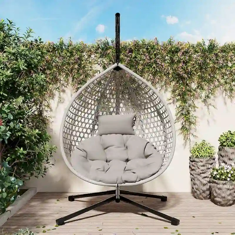 Versatile Egg Chair for Indoor and Outdoor Use, PE Rattan Patio Swing Hanging Chair with Stand and Cushion