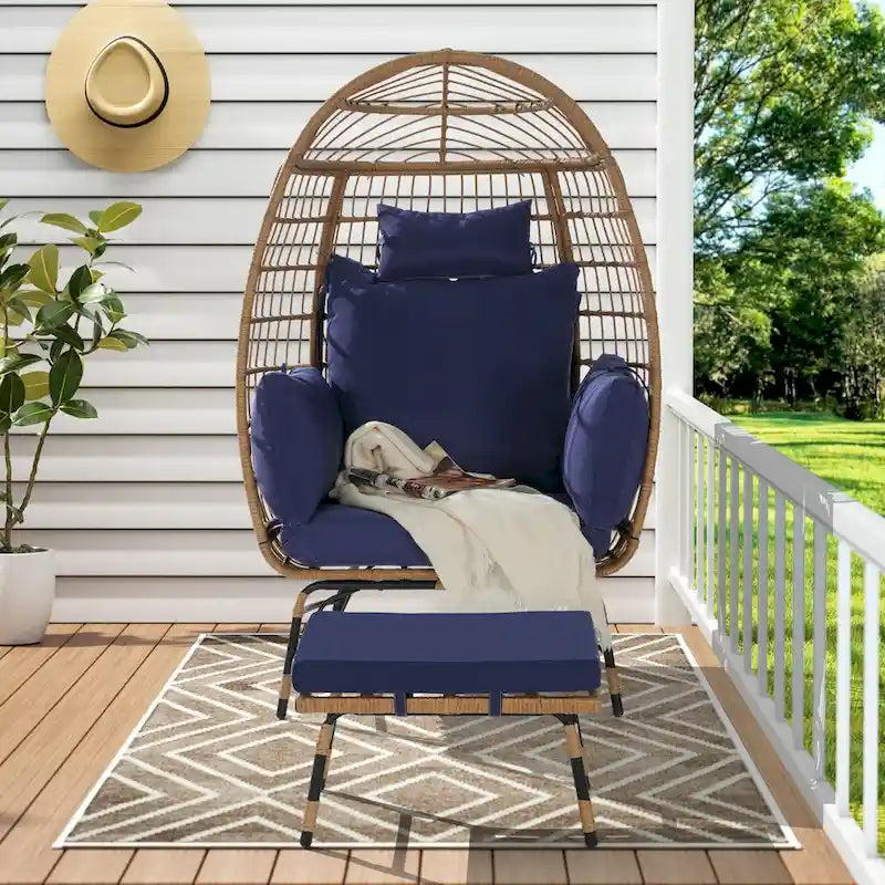 Oversized Wicker Egg Chair with Ottoman - 600lb Capacity Rattan Hanging Chair with Thick Cushions for Indoor/Outdoor Patio