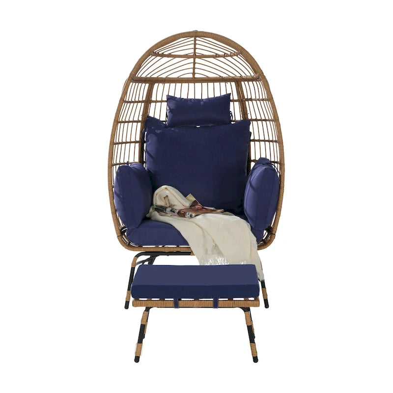 Oversized Wicker Egg Chair with Ottoman - 600lb Capacity Rattan Hanging Chair with Thick Cushions for Indoor/Outdoor Patio