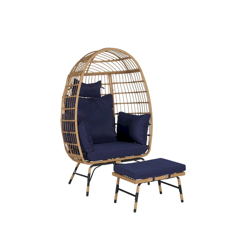Oversized Wicker Egg Chair with Ottoman - 600lb Capacity Rattan Hanging Chair with Thick Cushions for Indoor/Outdoor Patio
