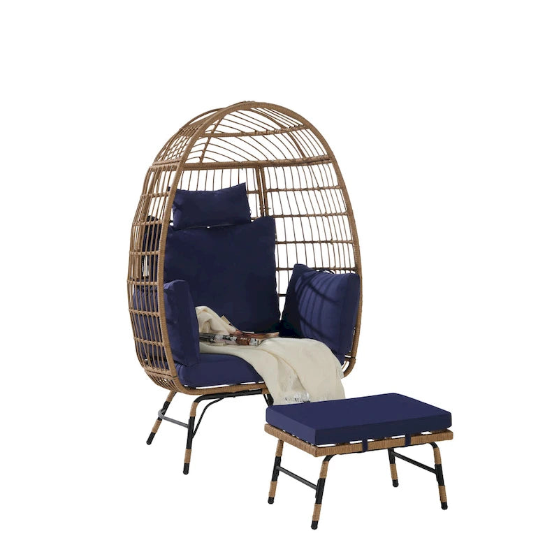 Oversized Wicker Egg Chair with Ottoman - 600lb Capacity Rattan Hanging Chair with Thick Cushions for Indoor/Outdoor Patio