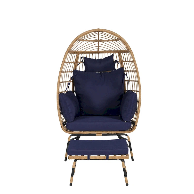 Oversized Wicker Egg Chair with Ottoman - 600lb Capacity Rattan Hanging Chair with Thick Cushions for Indoor/Outdoor Patio