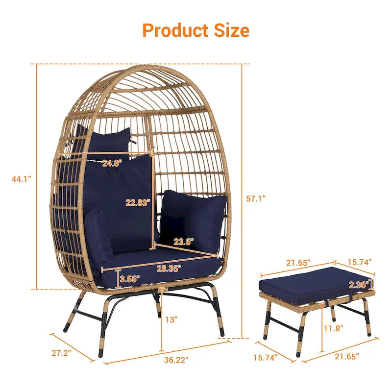 Oversized Wicker Egg Chair with Ottoman - 600lb Capacity Rattan Hanging Chair with Thick Cushions for Indoor/Outdoor Patio