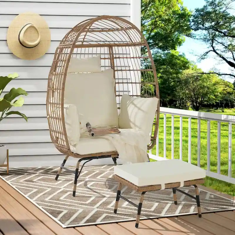 Oversized Wicker Egg Chair with Ottoman - 600lb Capacity Rattan Hanging Chair with Thick Cushions for Indoor/Outdoor Patio