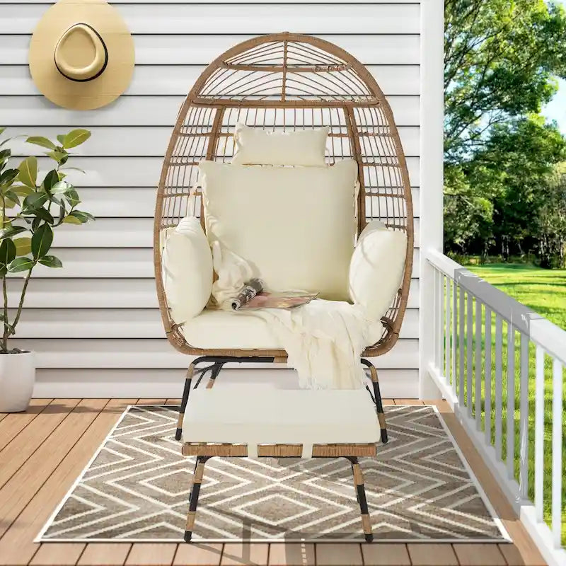 Oversized Wicker Egg Chair with Ottoman - 600lb Capacity Rattan Hanging Chair with Thick Cushions for Indoor/Outdoor Patio