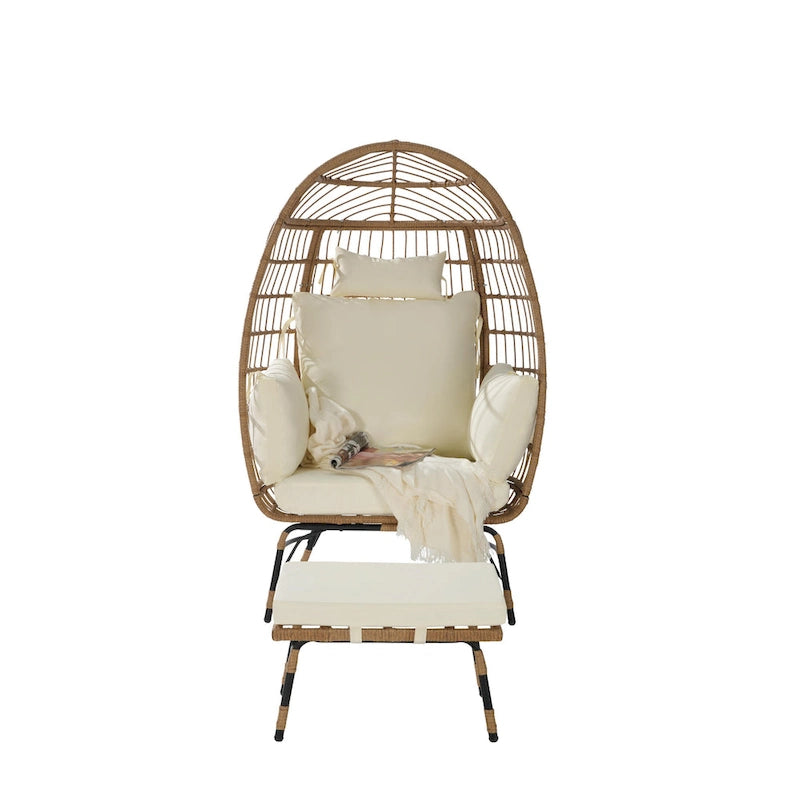 Oversized Wicker Egg Chair with Ottoman - 600lb Capacity Rattan Hanging Chair with Thick Cushions for Indoor/Outdoor Patio