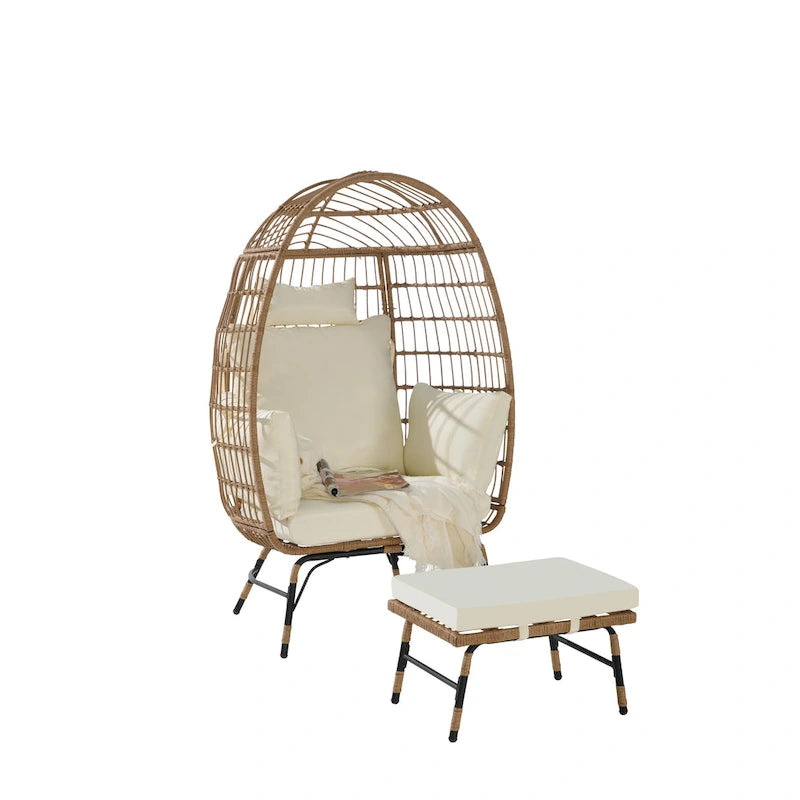 Oversized Wicker Egg Chair with Ottoman - 600lb Capacity Rattan Hanging Chair with Thick Cushions for Indoor/Outdoor Patio