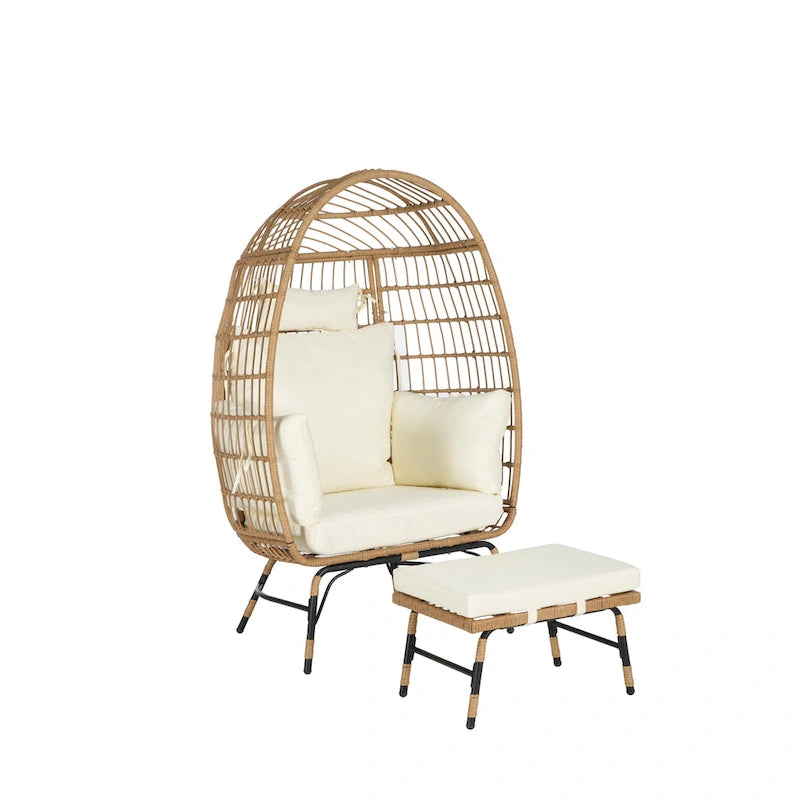 Oversized Wicker Egg Chair with Ottoman - 600lb Capacity Rattan Hanging Chair with Thick Cushions for Indoor/Outdoor Patio