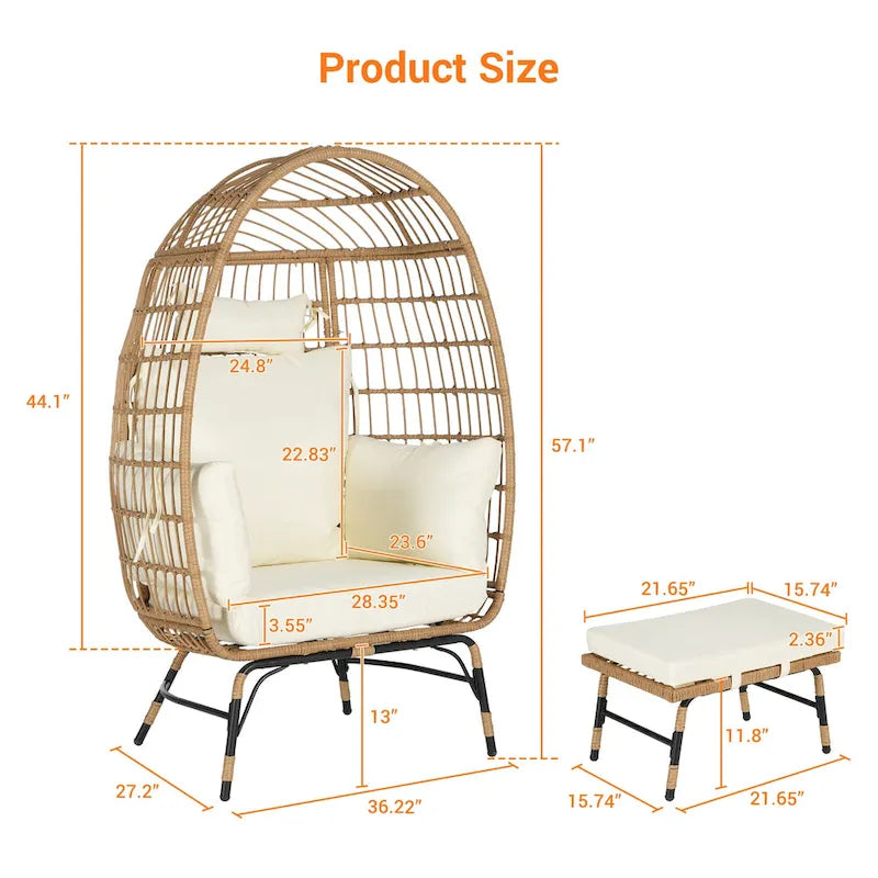 Oversized Wicker Egg Chair with Ottoman - 600lb Capacity Rattan Hanging Chair with Thick Cushions for Indoor/Outdoor Patio