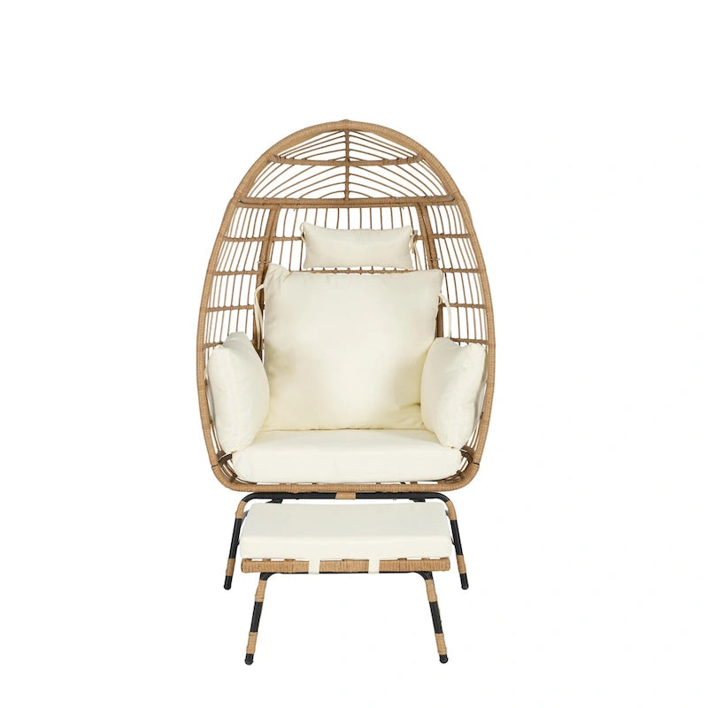 Oversized Wicker Egg Chair with Ottoman - 600lb Capacity Rattan Hanging Chair with Thick Cushions for Indoor/Outdoor Patio