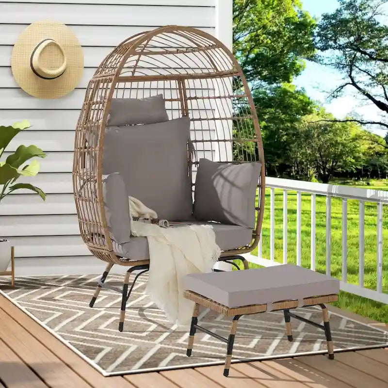 Oversized Wicker Egg Chair with Ottoman - 600lb Capacity Rattan Hanging Chair with Thick Cushions for Indoor/Outdoor Patio