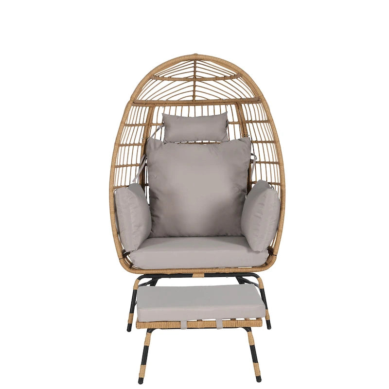 Oversized Wicker Egg Chair with Ottoman - 600lb Capacity Rattan Hanging Chair with Thick Cushions for Indoor/Outdoor Patio
