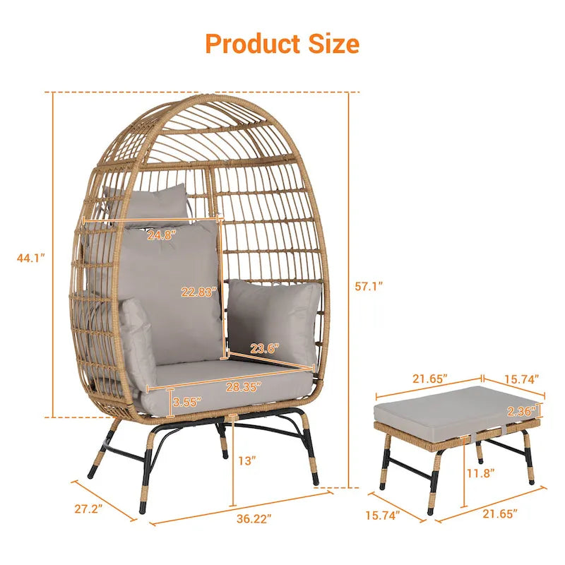 Oversized Wicker Egg Chair with Ottoman - 600lb Capacity Rattan Hanging Chair with Thick Cushions for Indoor/Outdoor Patio