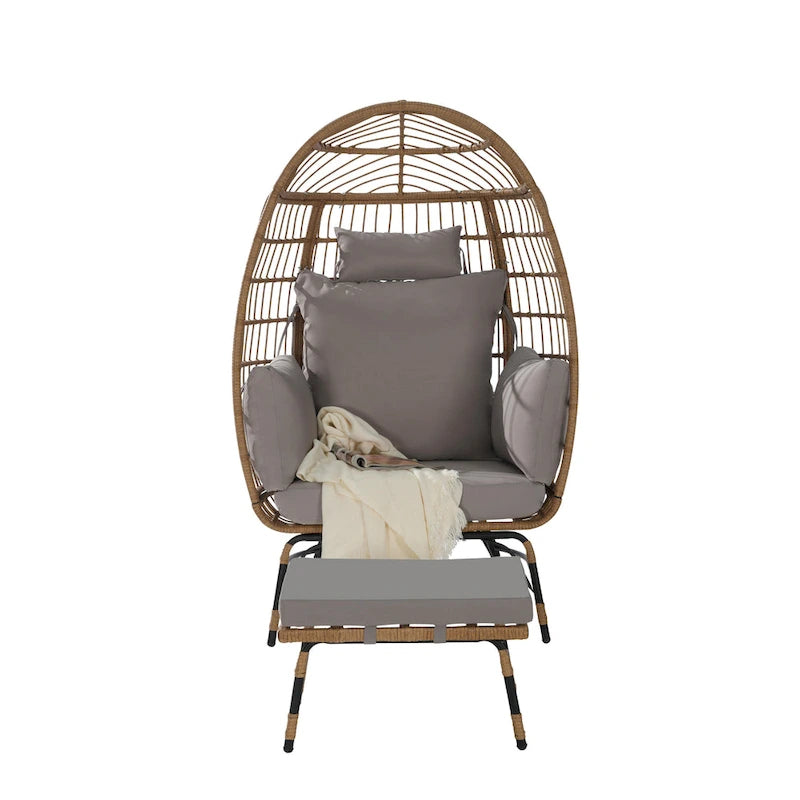 Oversized Wicker Egg Chair with Ottoman - 600lb Capacity Rattan Hanging Chair with Thick Cushions for Indoor/Outdoor Patio