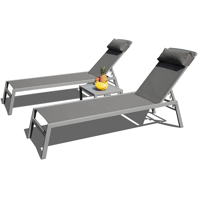 Patio Chaise Lounge Set, 3 Pieces Aluminum Adjustable Pool Lounge Chairs Sunbathing Recliner with Headrest, 1 Table