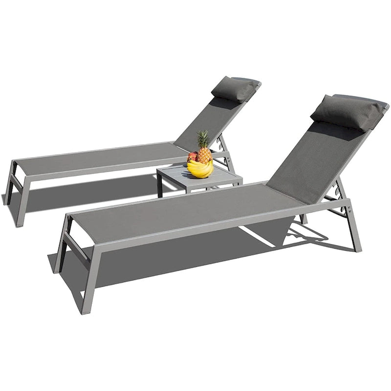 Patio Chaise Lounge Set, 3 Pieces Aluminum Adjustable Pool Lounge Chairs Sunbathing Recliner with Headrest, 1 Table