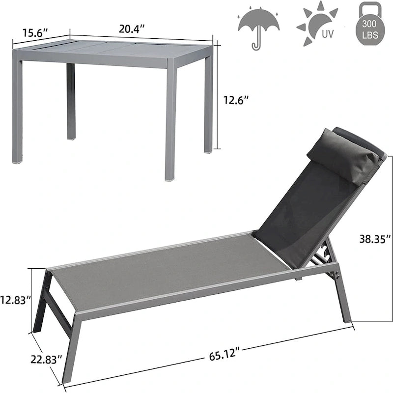 Patio Chaise Lounge Set, 3 Pieces Aluminum Adjustable Pool Lounge Chairs Sunbathing Recliner with Headrest, 1 Table