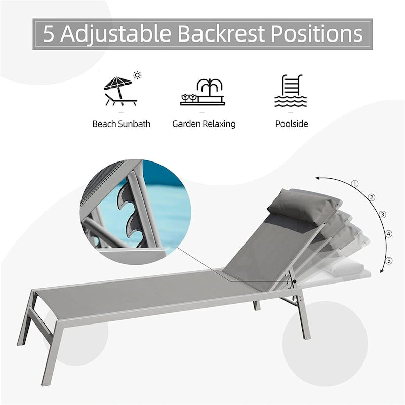 Patio Chaise Lounge Set, 3 Pieces Aluminum Adjustable Pool Lounge Chairs Sunbathing Recliner with Headrest, 1 Table