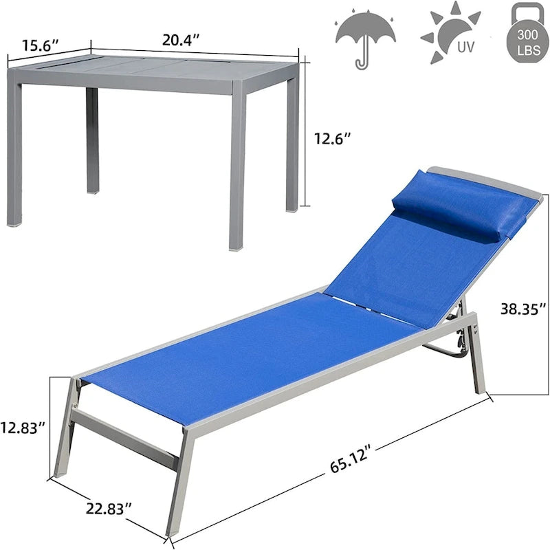Patio Chaise Lounge Set, 3 Pieces Aluminum Adjustable Pool Lounge Chairs Sunbathing Recliner with Headrest, 1 Table