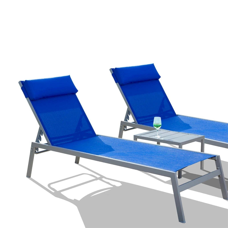 Outdoor Patio Chaise Lounge Set, 3 Pieces Adjustable Backrest Pool Lounge Chairs with Headrest, 1 Table