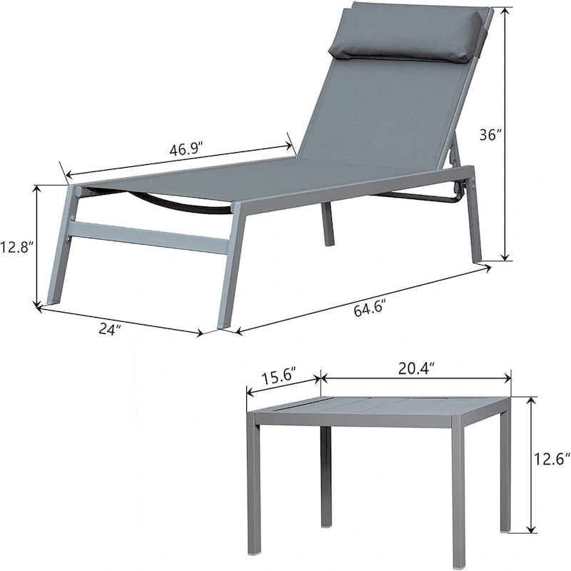 Outdoor Patio Chaise Lounge Set, 3 Pieces Adjustable Backrest Pool Lounge Chairs with Headrest, 1 Table
