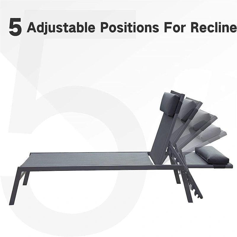 Outdoor Patio Chaise Lounge Set, 3 Pieces Adjustable Backrest Pool Lounge Chairs with Headrest, 1 Table