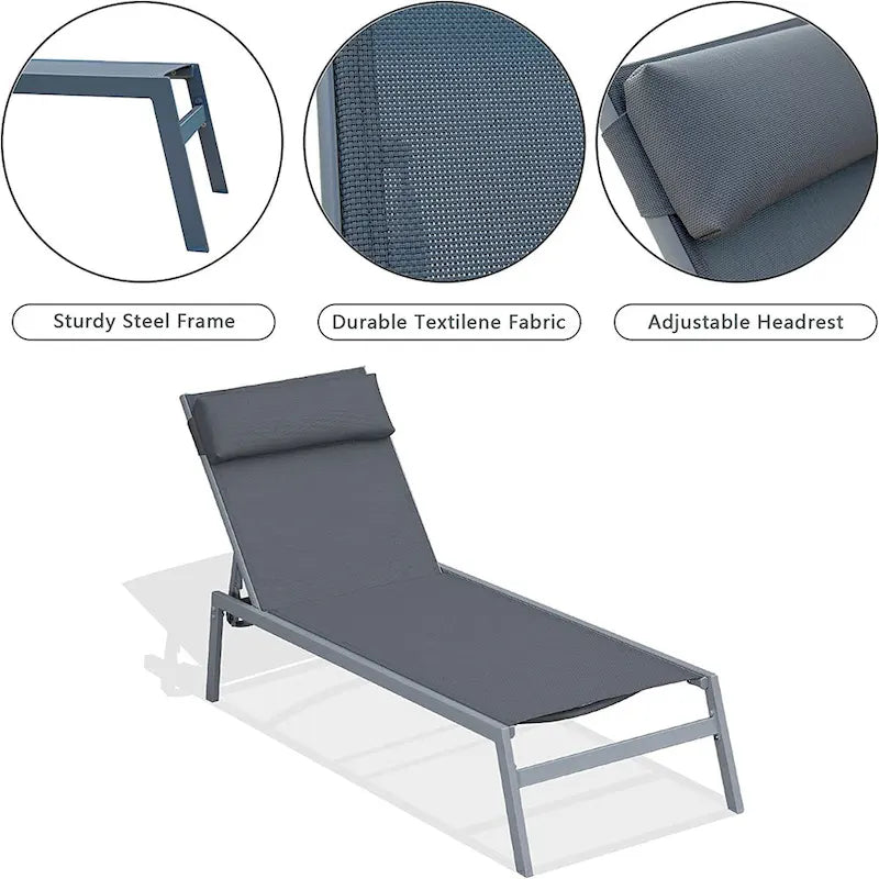 Outdoor Patio Chaise Lounge Set, 3 Pieces Adjustable Backrest Pool Lounge Chairs with Headrest, 1 Table