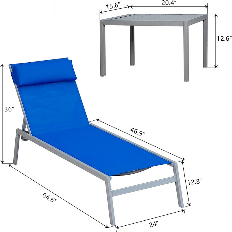 Outdoor Patio Chaise Lounge Set, 3 Pieces Adjustable Backrest Pool Lounge Chairs with Headrest, 1 Table