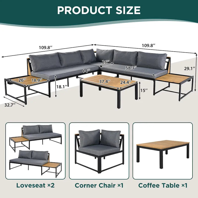 4-Piece Outdoor Patio Iron Sectional Sofa Set with Coffee Table and Side Storage Shelf