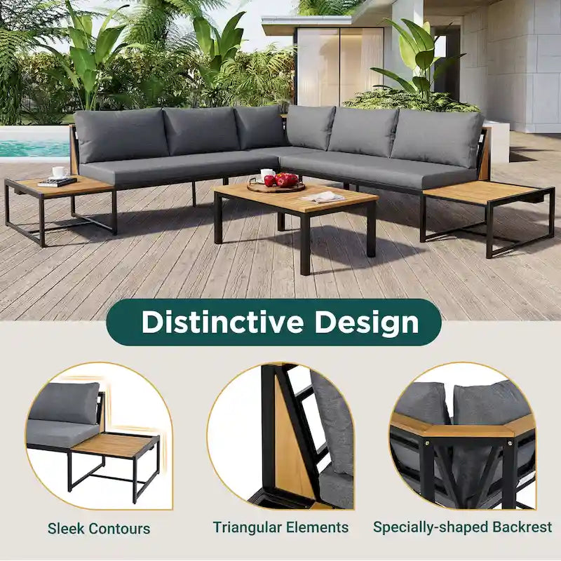 4-Piece Outdoor Patio Iron Sectional Sofa Set with Coffee Table and Side Storage Shelf