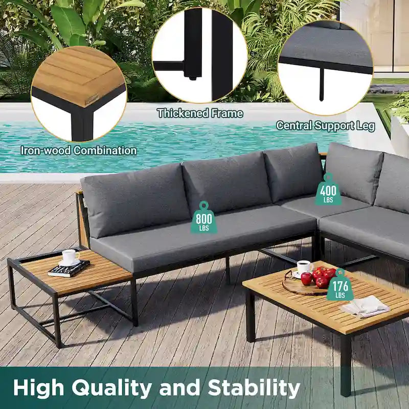 4-Piece Outdoor Patio Iron Sectional Sofa Set with Coffee Table and Side Storage Shelf