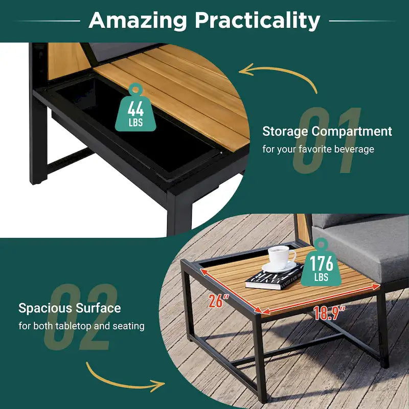 4-Piece Outdoor Patio Iron Sectional Sofa Set with Coffee Table and Side Storage Shelf