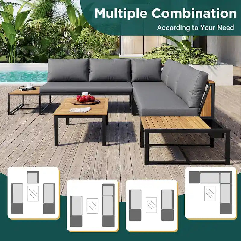 4-Piece Outdoor Patio Iron Sectional Sofa Set with Coffee Table and Side Storage Shelf